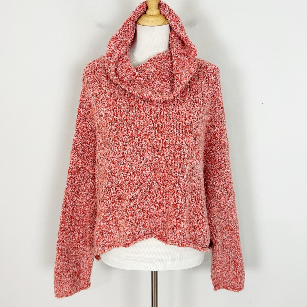 Free People Cowl Neck Sweater Red Boucle Knit Pullover Size Small Women's